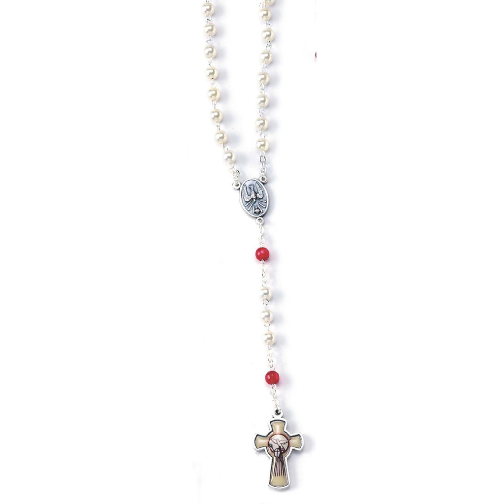 5mm Imitation Pearl Rosary With Red Our Father Beads And Epoxy Color Cross