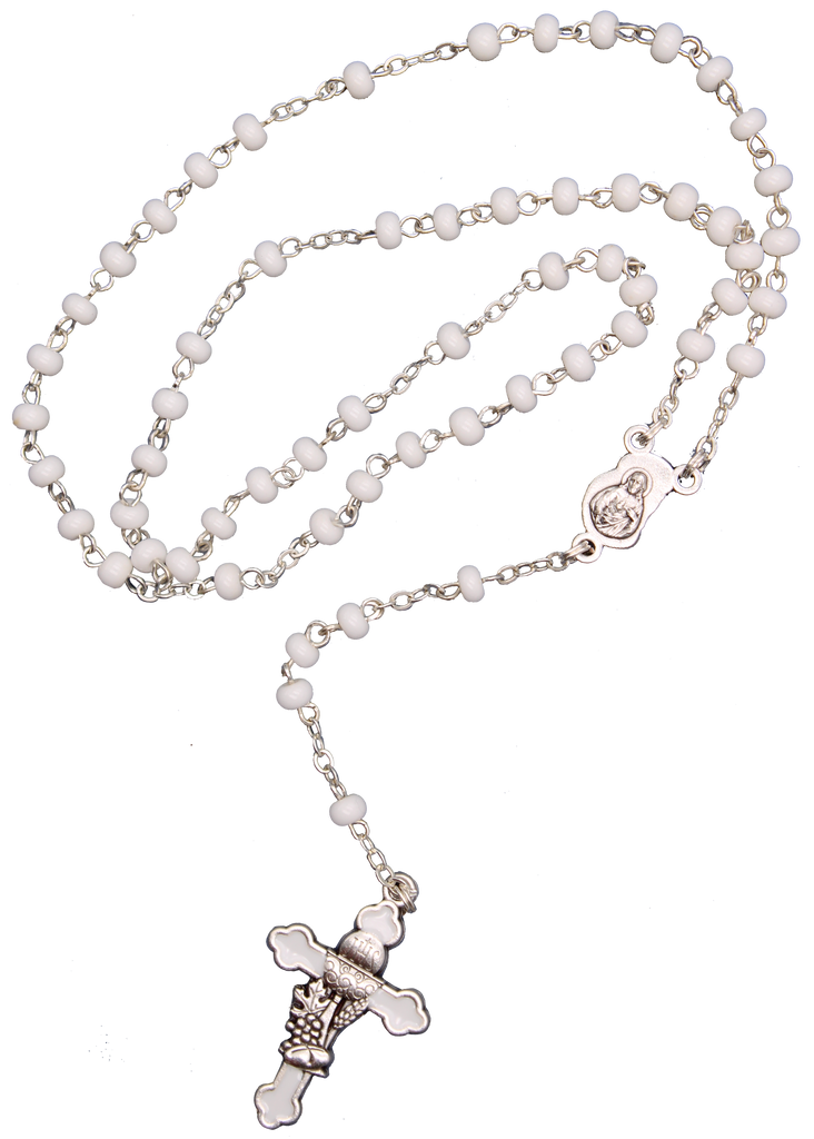 White Glass Communion Rosary with metal parts, 4mm, Com. box