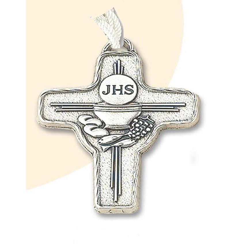 2-3/4 Inch First Holy Communion Silver Tone Cross With Cord