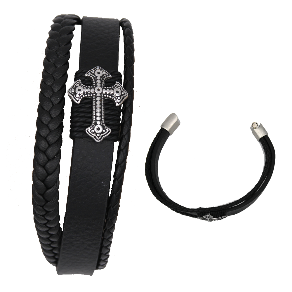 Men's Genuine Leather Bracelet with Cross.