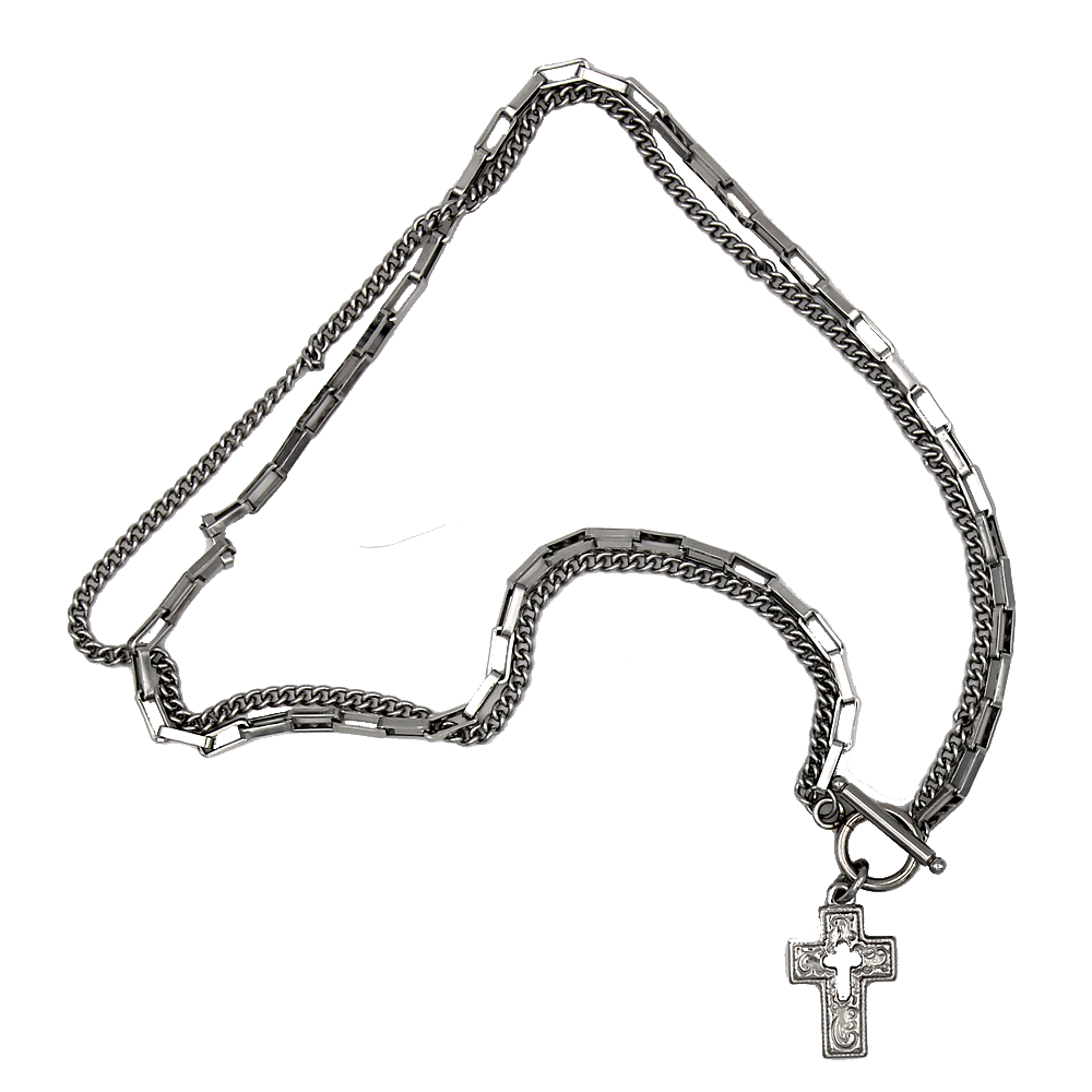 2 Strand Silver-Tone Chain and Link Necklace with Cross