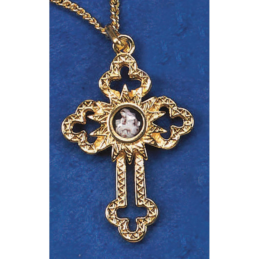 Gold Tone Cut Out Cross with L'innocence Center