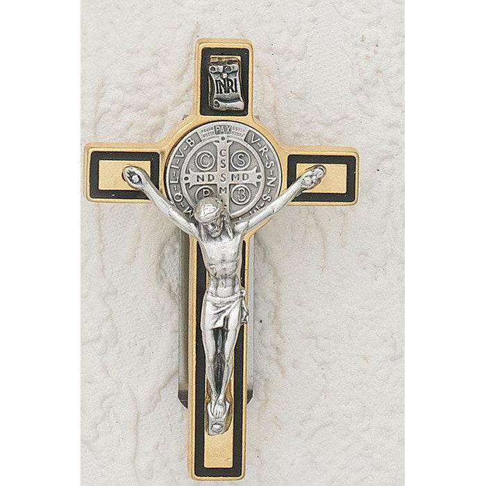 Saint Benedict - Gold Tone Crucifix - Visor Clip - Black Enamel - Pack of 3