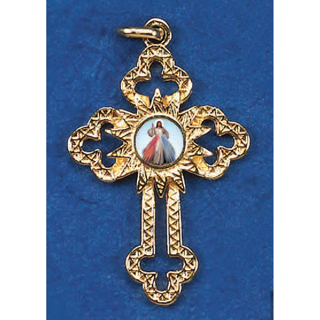 Gold Tone Cut Out Cross with Divine Mercy Center
