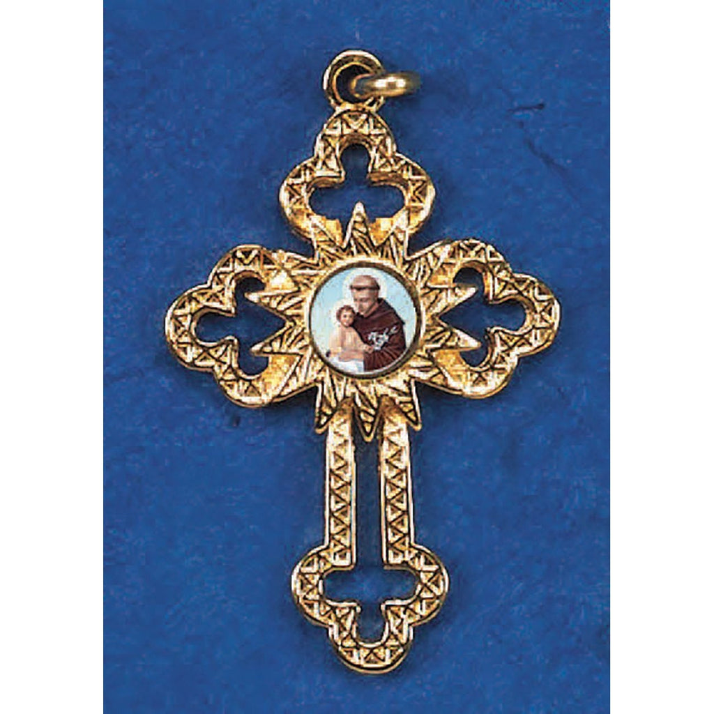 Gold Tone Cut Out Relic Cross with St Anthony Center