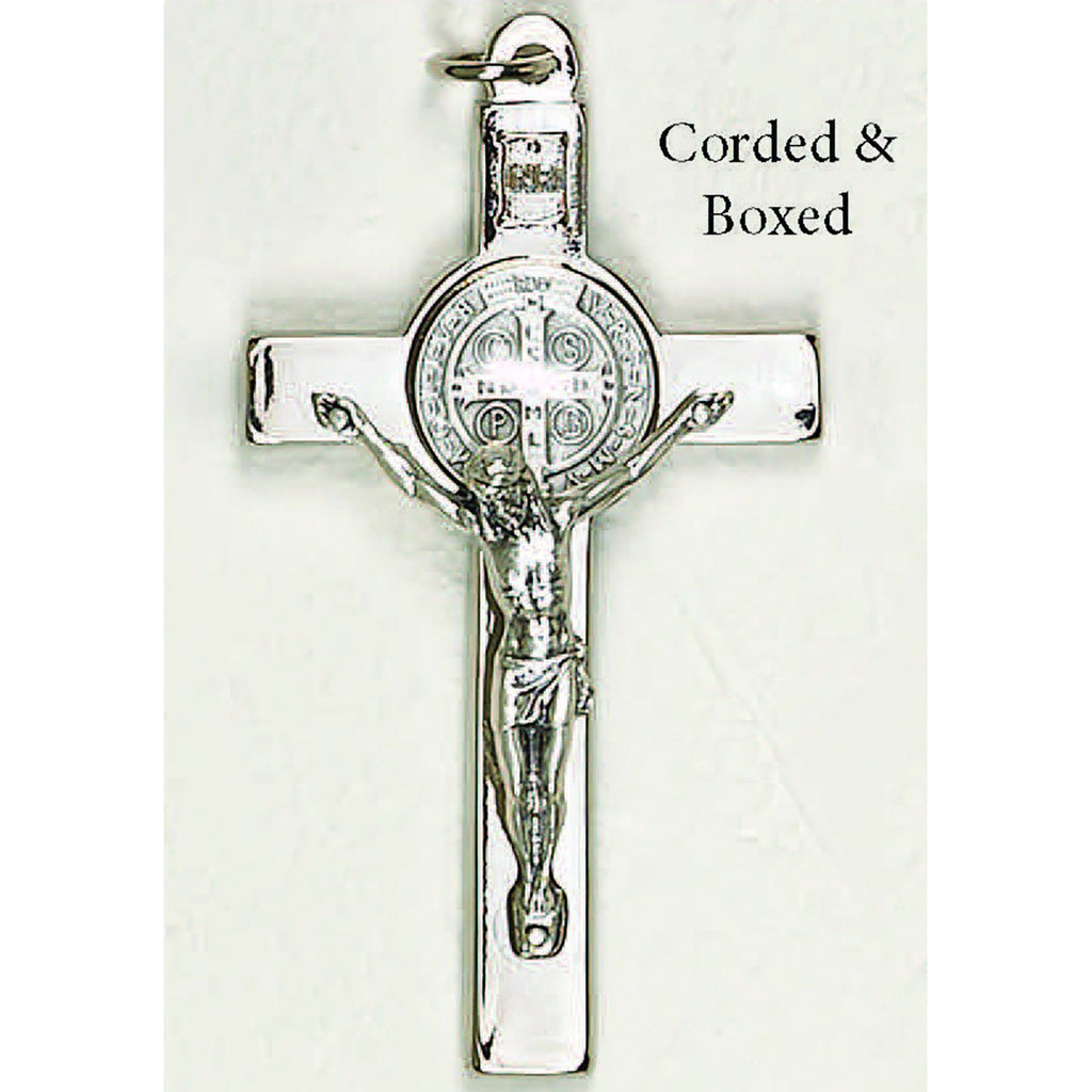 Saint Benedict Silver Tone Classic Crucifix - Silver Tone Medal Corded with Box