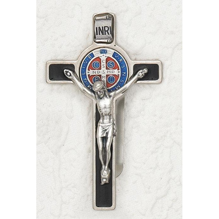Saint Benedict - Silver tone Crucifix - Visor Clip - Black Enamel - Pack of 3 - Enameled Medal