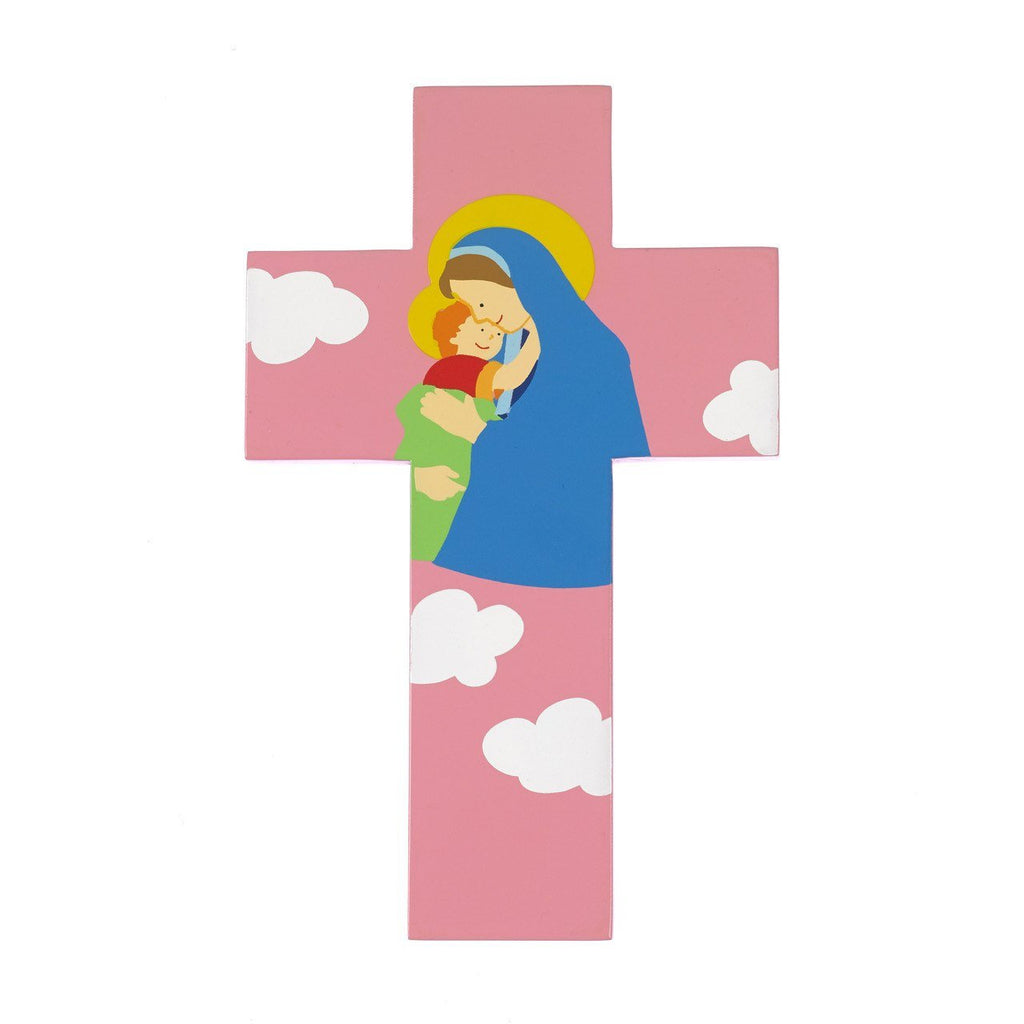 8 inch Wood Cross- Mary with Jesus- Pink - Pack of 4