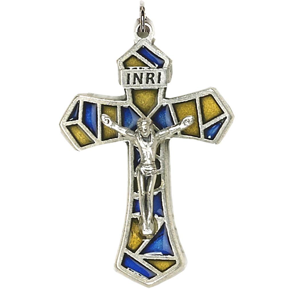1-1/4 inch Blue/Yellow Enameled Crucifix - Pack of 12