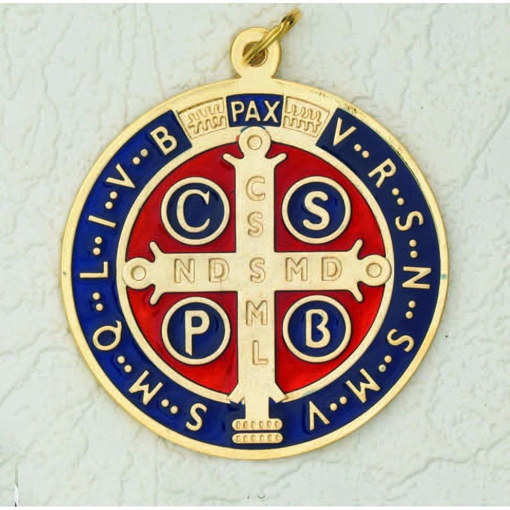 Saint Benedict Large Medal - Gold Toned - Dark Blue Enamel