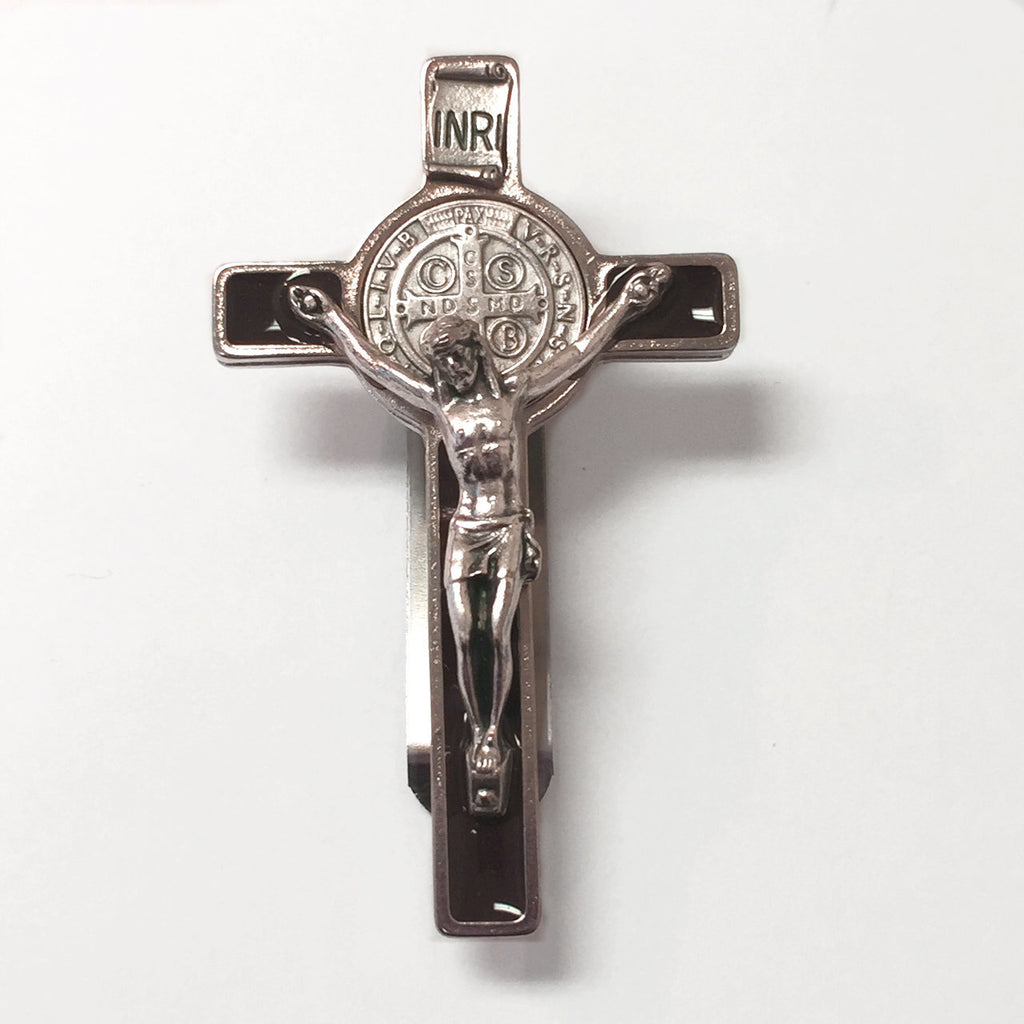Saint Benedict - Silver tone Crucifix - Visor Clip - Brown Enamel - Pack of 3