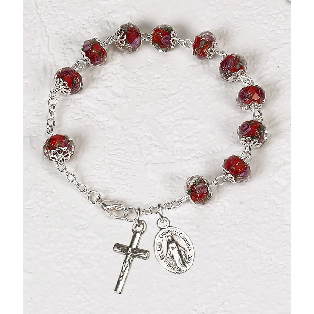 Red Crystal Rosary Bracelet with Pink Rose