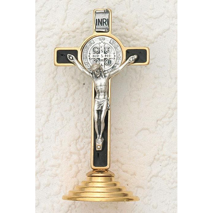 Saint Benedict Gold Tone Mini Cross on Base - Black Enamel