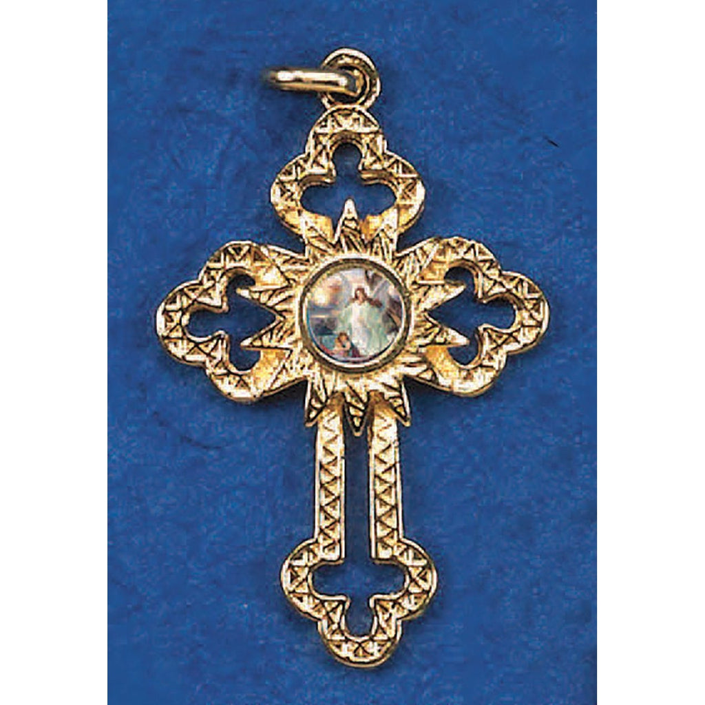 Gold Tone Cut Out Cross with Guardian Angel Center