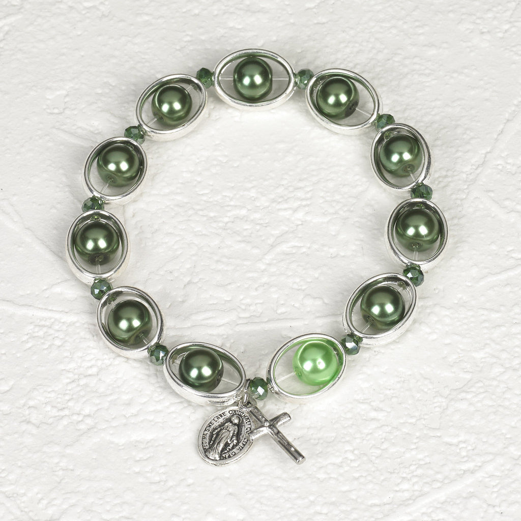 Green Imitation Pearl in Silver Tone Oval Rosary Stretch Bracelet - Pack of 4