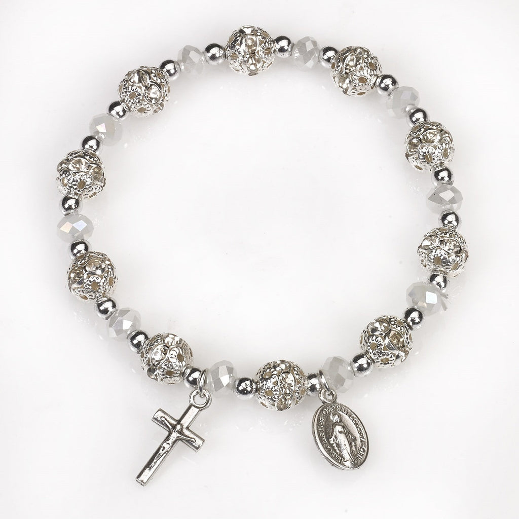 Clear Crystal Stretch Rosary Bracelet - Pack of 4