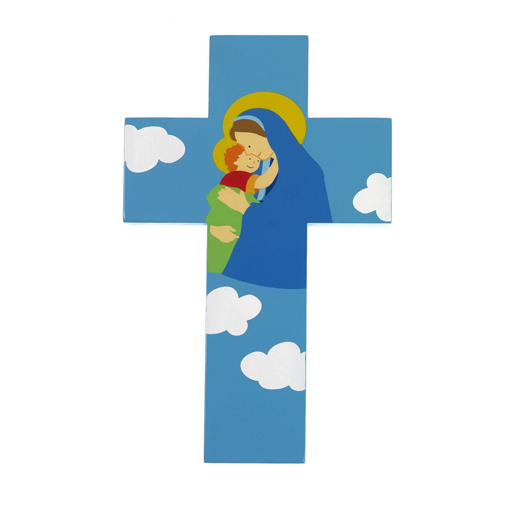 8 inch Wood Cross- Mary with Jesus- Blue - Pack of 4
