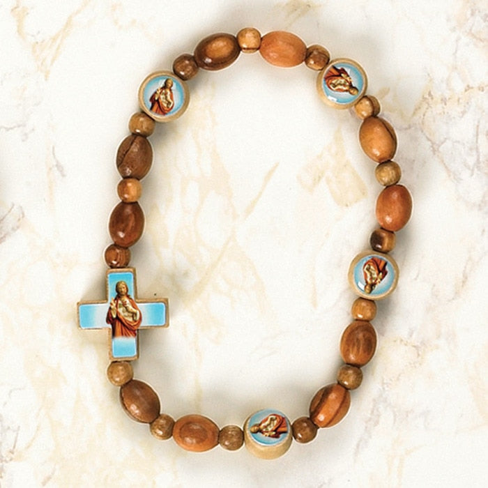 Sacred Heart - Italian Olive Wood Stretch Bracelets - Pack of 6