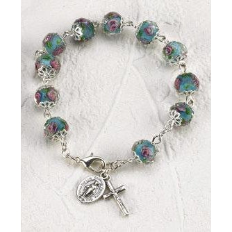Light Blue Crystal Rosary Bracelet with Pink Rose