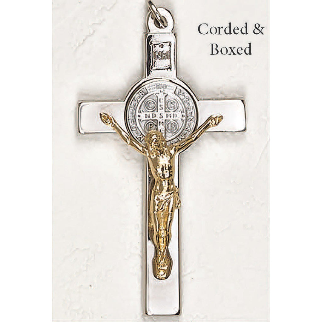Saint Benedict Silver/Gold Tone Crucifix - Silver Tone Round Medal