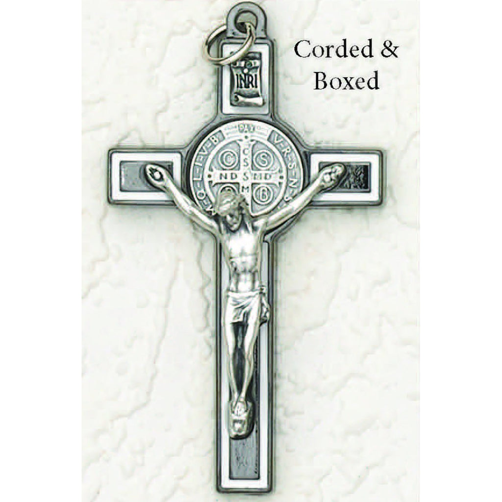 Saint Benedict Black Tone with White Enamel Crucifix - Silver Tone Medal