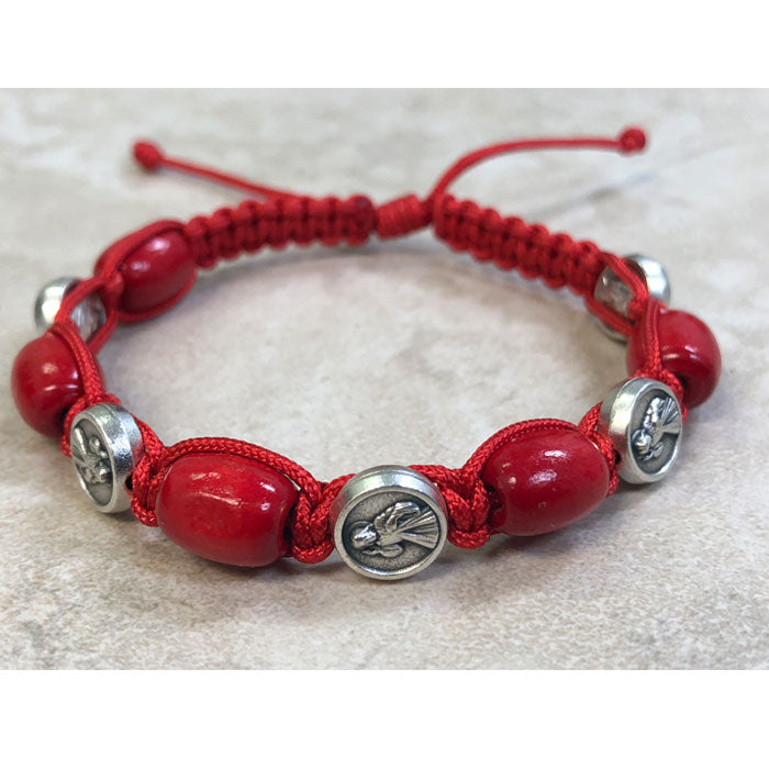 Red Wood with Divine Mercy Medals Slip Knot Bracelet