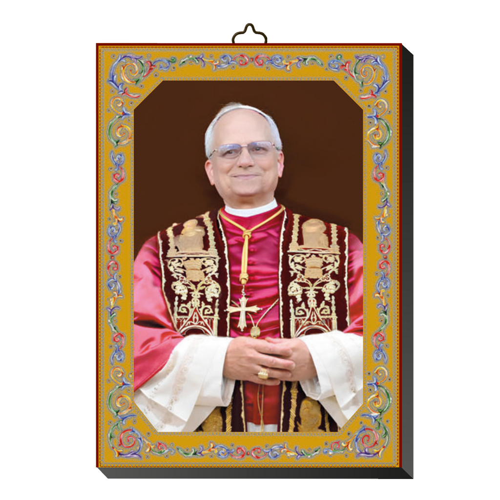 Pope Leo XIV Wood Plaque with Gold Hot Foil Stamping - 4" x 5 1/2"
