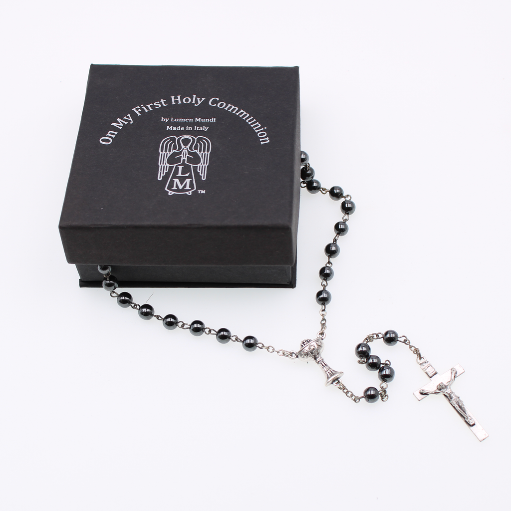 Premium Black First Holy Communion Rosary with Chalice Center and Crucifix