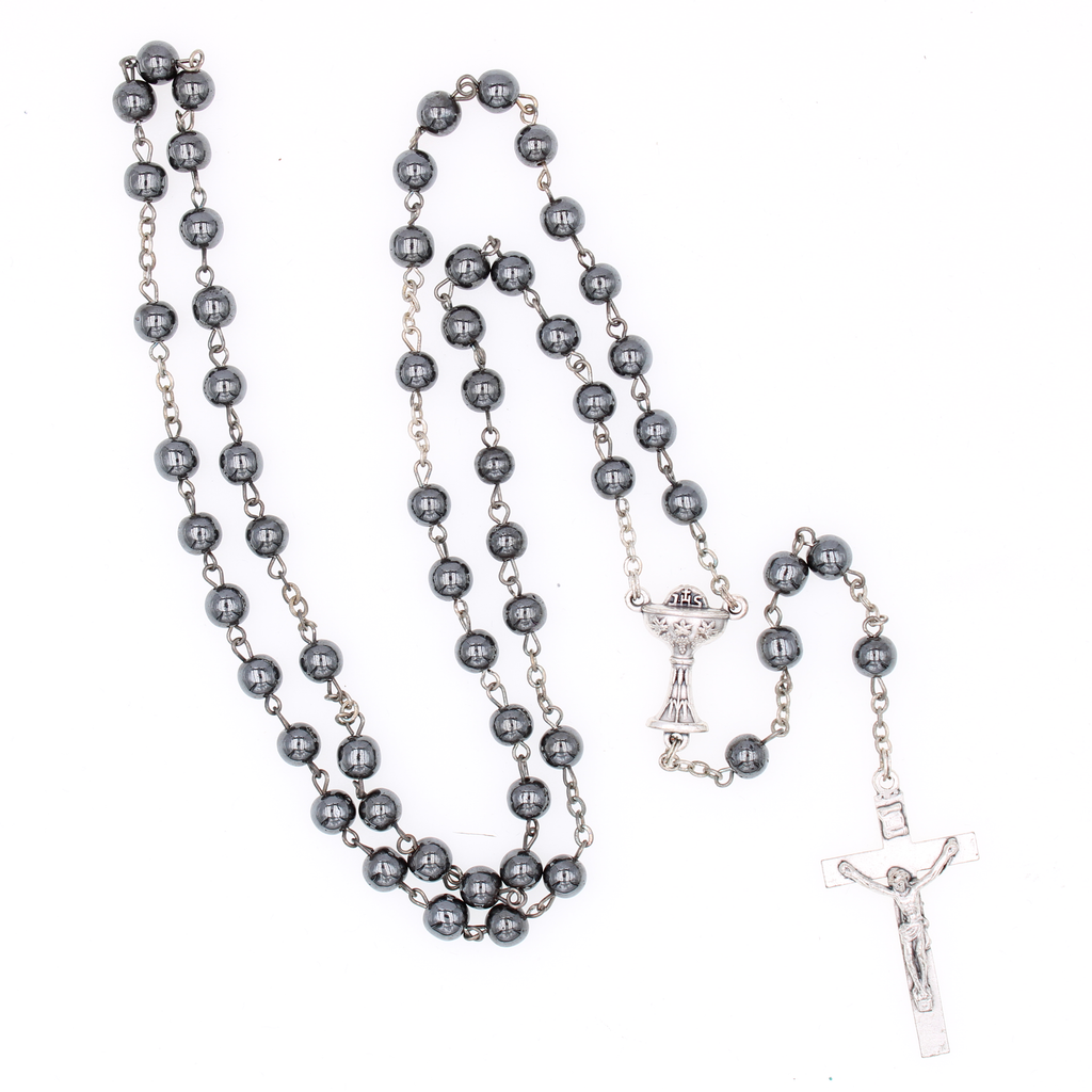 Premium Black First Holy Communion Rosary with Chalice Center and Crucifix