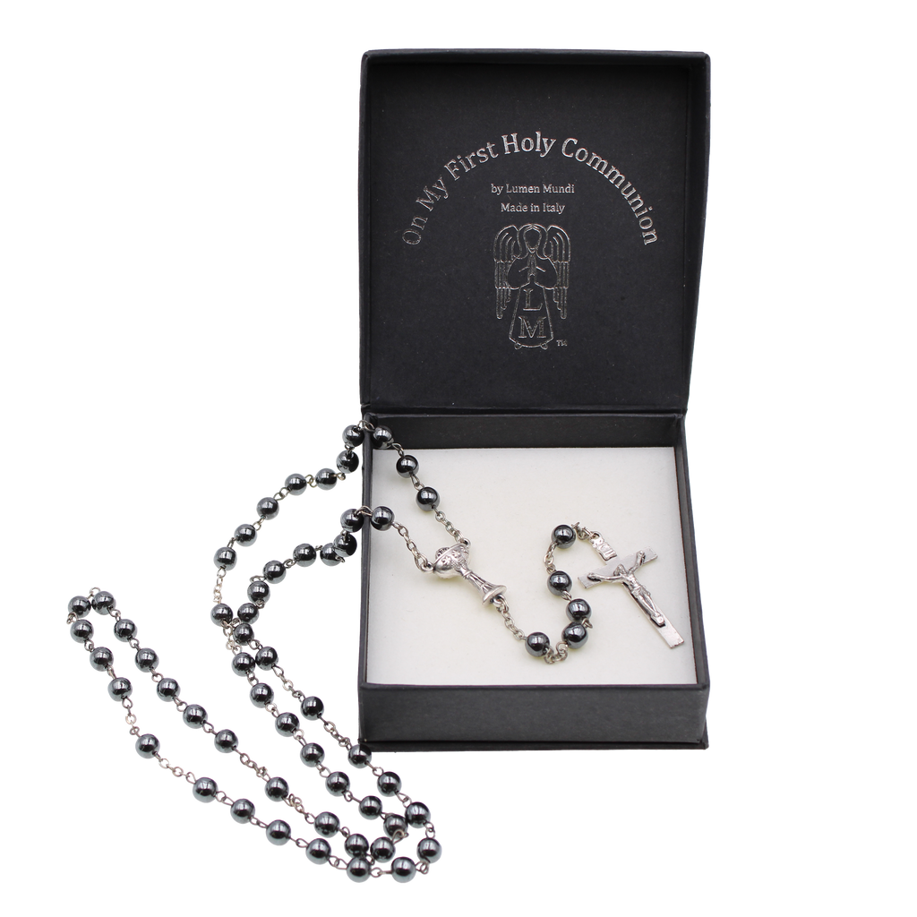 Premium Black First Holy Communion Rosary with Chalice Center and Crucifix