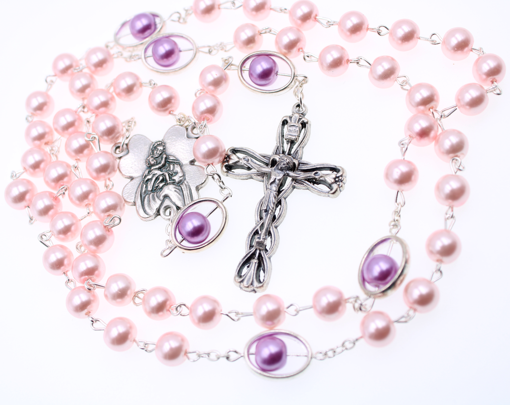 Pink Imitation Pearl Rosary - Mary Center & Oval Our Father Bead