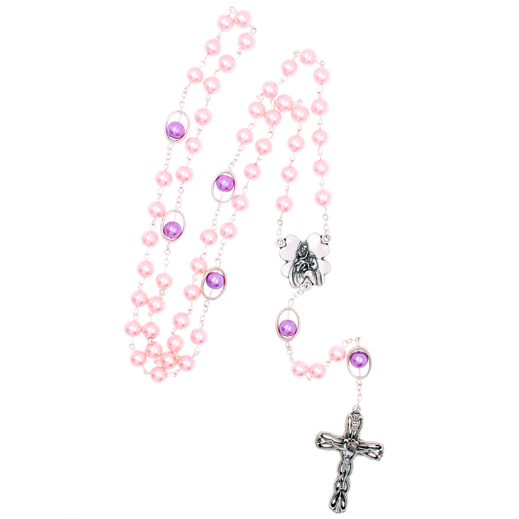 Pink Imitation Pearl Rosary - Mary Center & Oval Our Father Bead