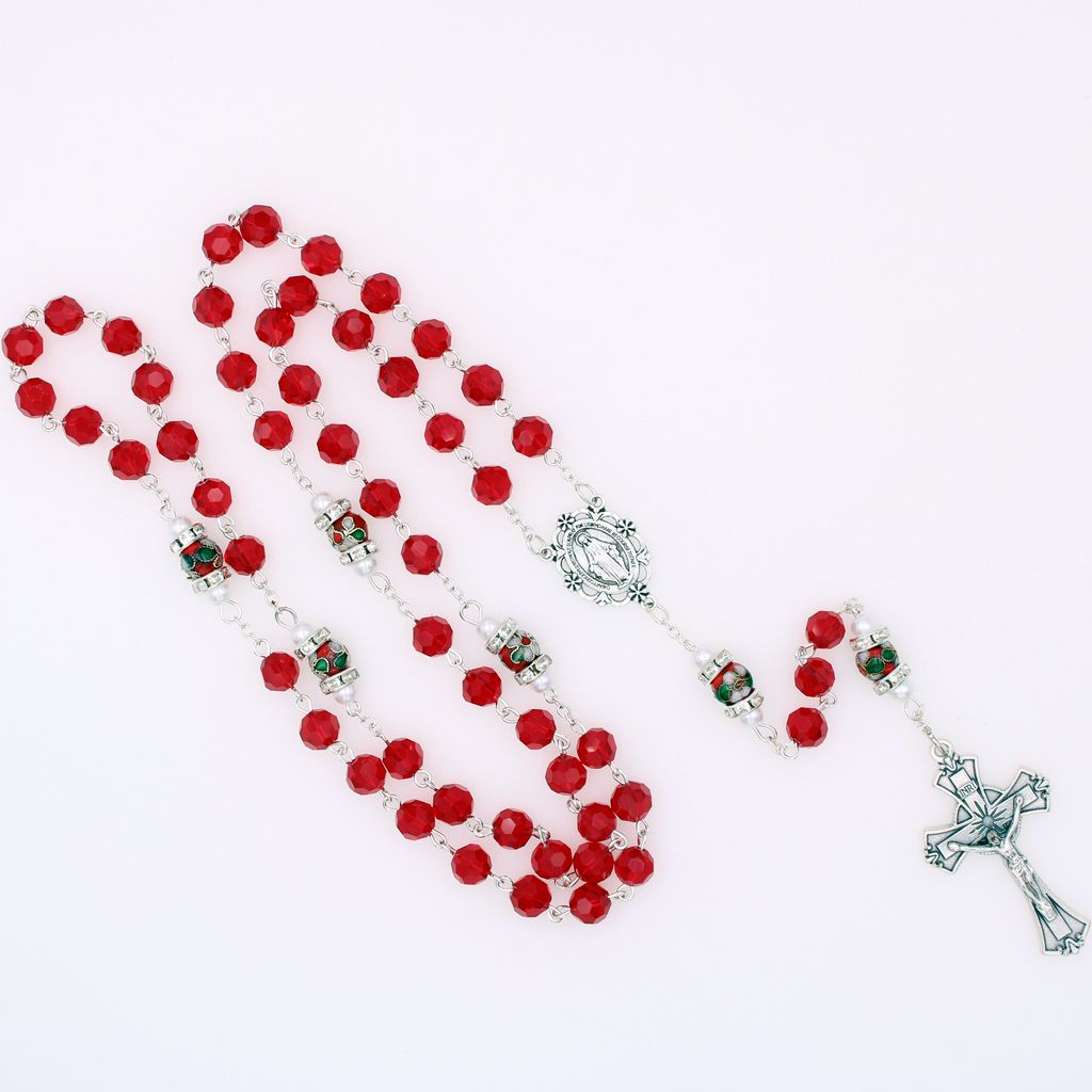 Genuine Crystal Red Bead with Unique Cloisonné Rondelle Our Father Bead with Imitation Pearl and Mini Crystals
