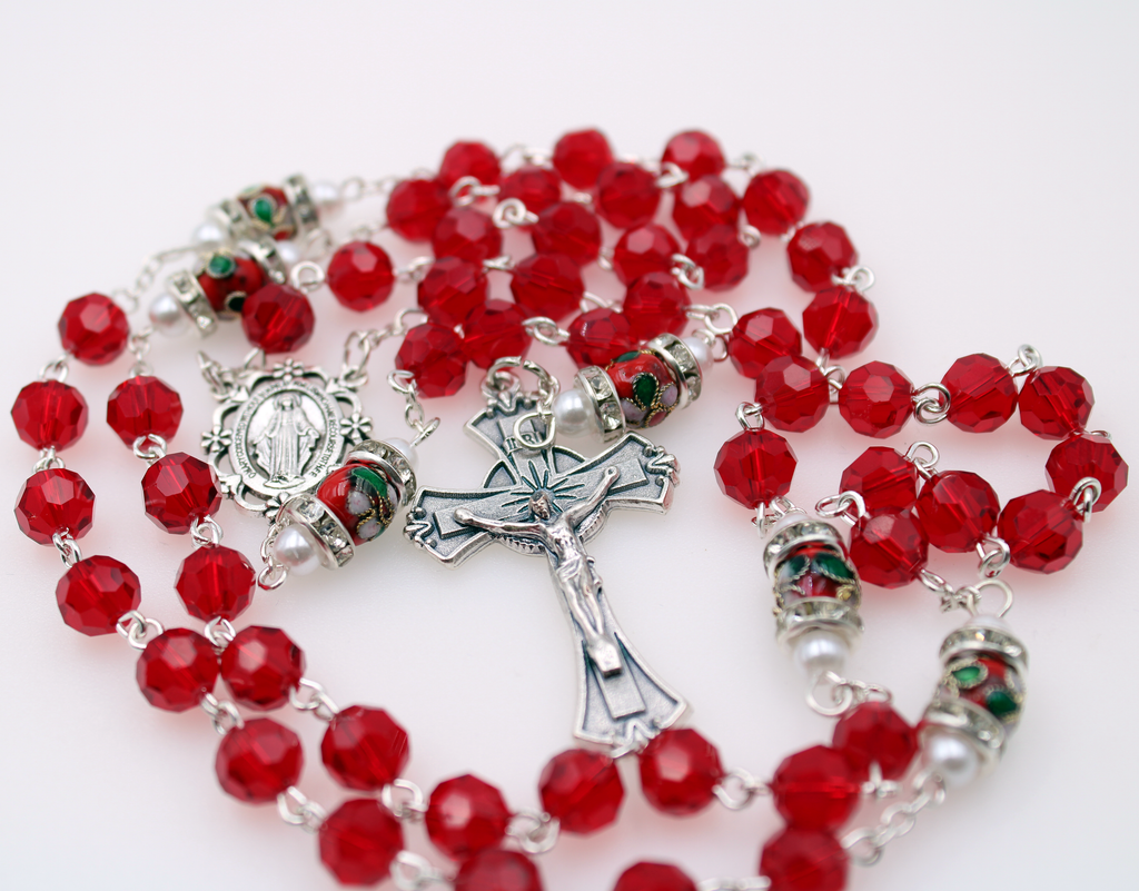 Genuine Crystal Red Bead with Unique Cloisonné Rondelle Our Father Bead with Imitation Pearl and Mini Crystals