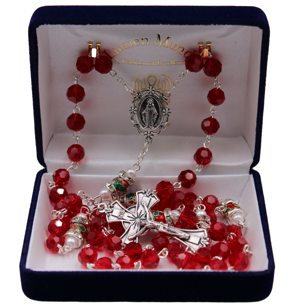Genuine Crystal Red Bead with Unique Cloisonné Rondelle Our Father Bead with Imitation Pearl and Mini Crystals