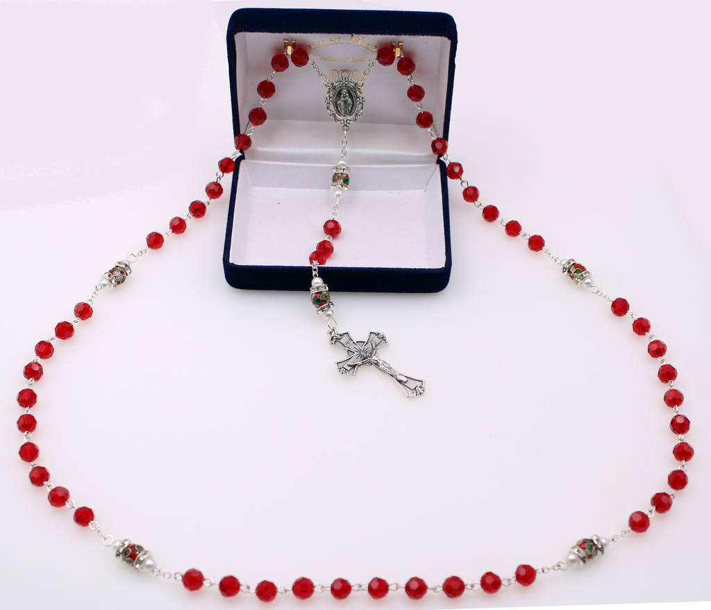 Genuine Crystal Red Bead with Unique Cloisonné Rondelle Our Father Bead with Imitation Pearl and Mini Crystals