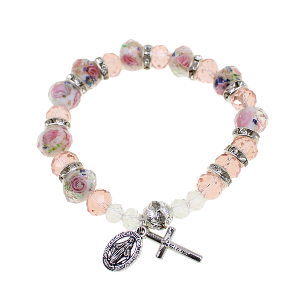 Children's Rose Crystal Bracelet with Miraculous Medal and Crucifix