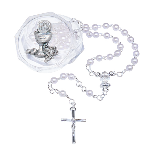 4mm White Communion Rosary with Silver-tone Chalice on Acrylic box