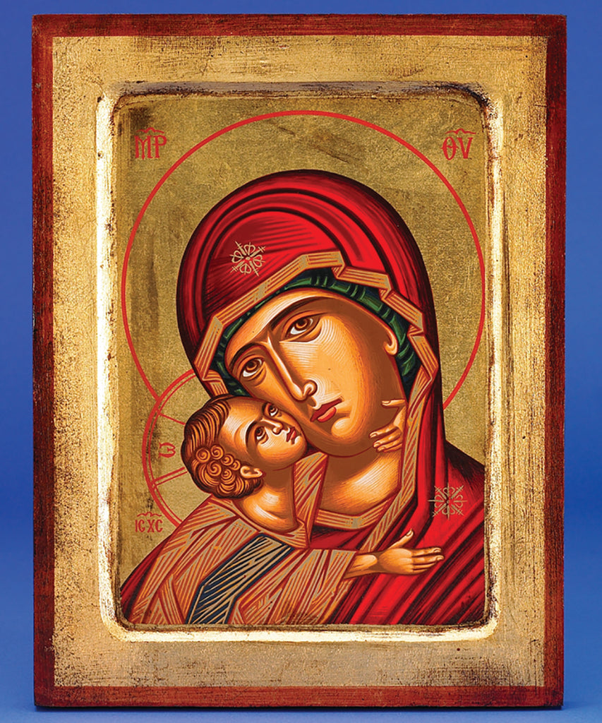Glikofilous (Sweet Kissing Madonna)- Square-. Hand-Carved and Painted using Egg Yolk, Tempura,