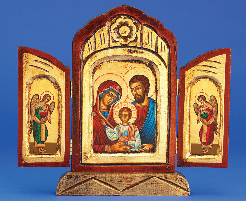 The Holy Family Gold Leaf Triptych-. Hand-Carved and Painted using Egg Yolk, Tempura, Gold Leaf