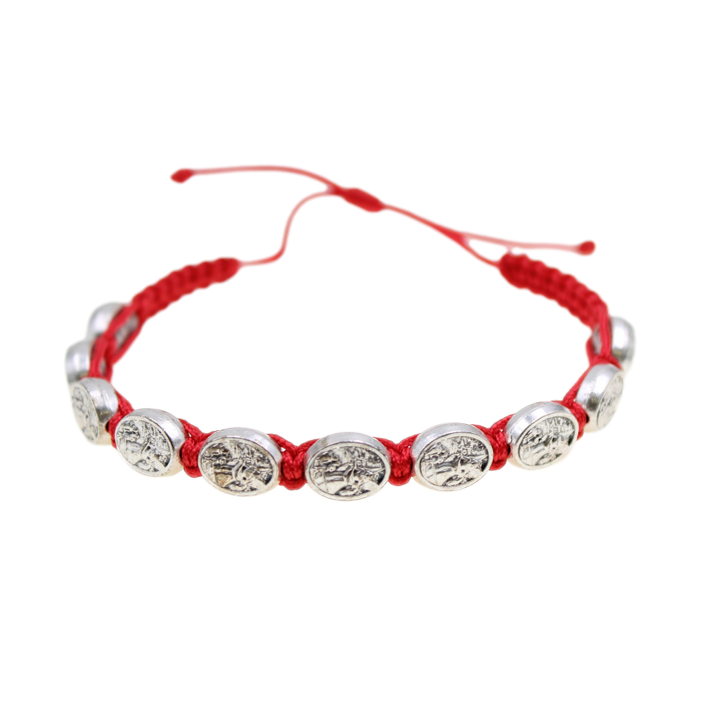 Red Guardian Angel Slipknot Bracelet with Silvertone Medals