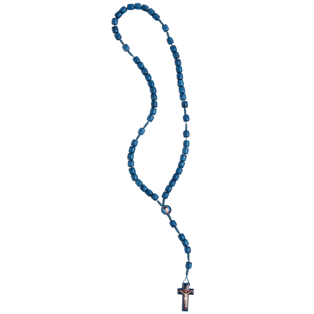 Carlo Acutis Blue Wood Rosary with Drum Shaped Beads