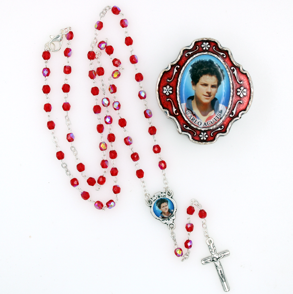 Red Crystal Rosary with Carlo Acutis Center