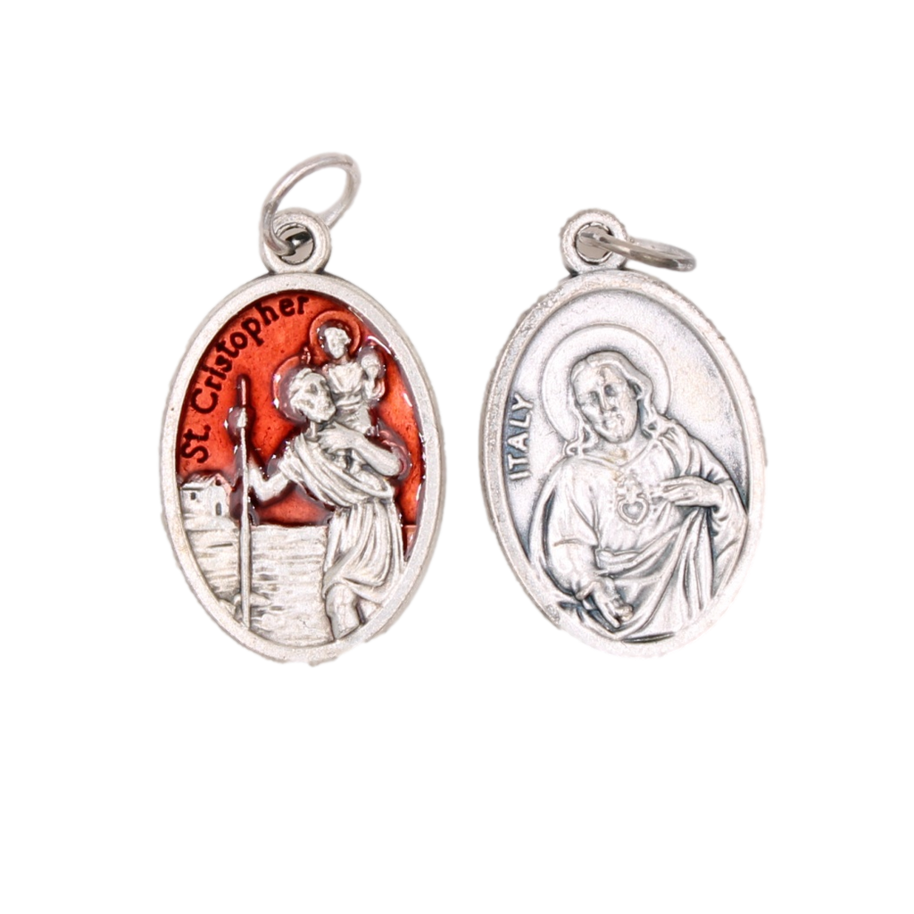 3/4 inch Red Enamel St. Christopher/ Sacred Heart Medal
