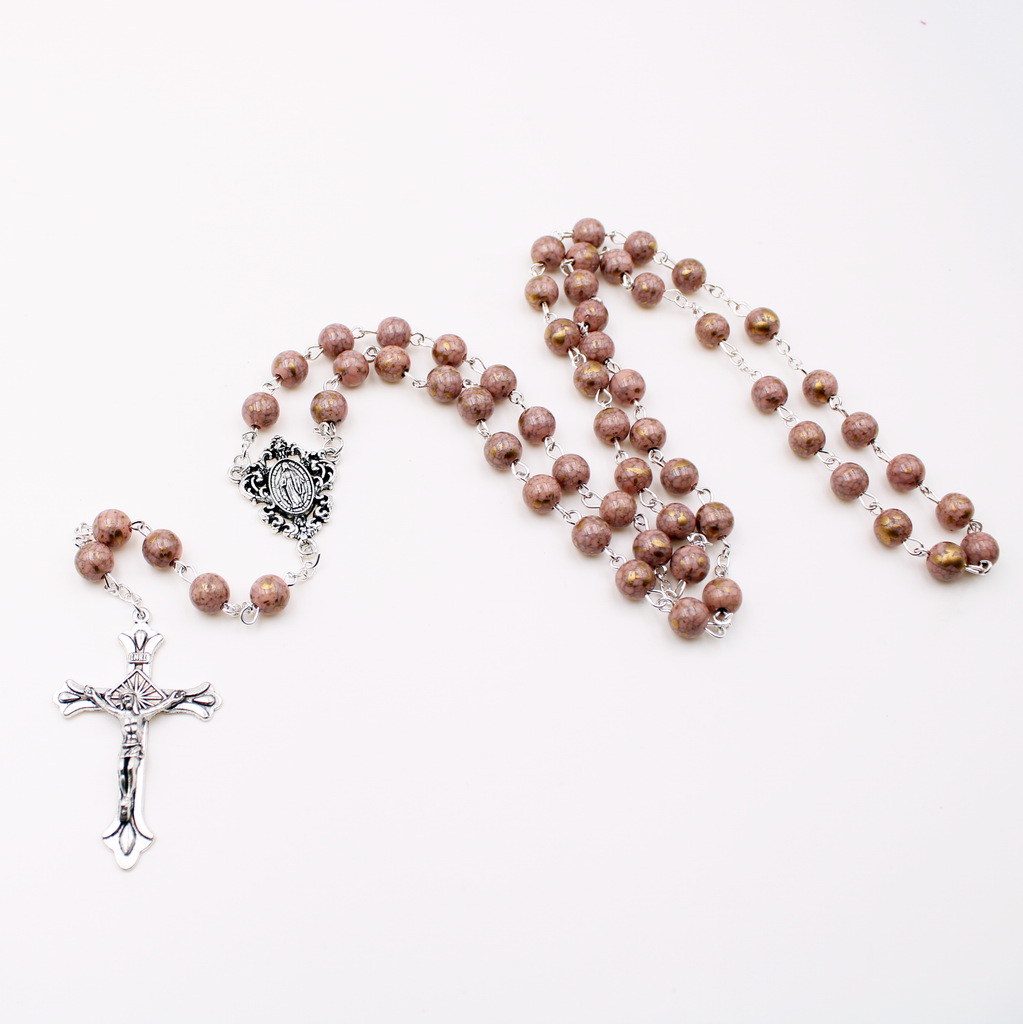 6mm Faux Pearl Rosary with Gold Fleck Glass Beads