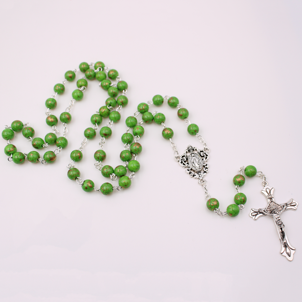 6mm Faux Pearl Rosary with Gold Fleck Glass Beads