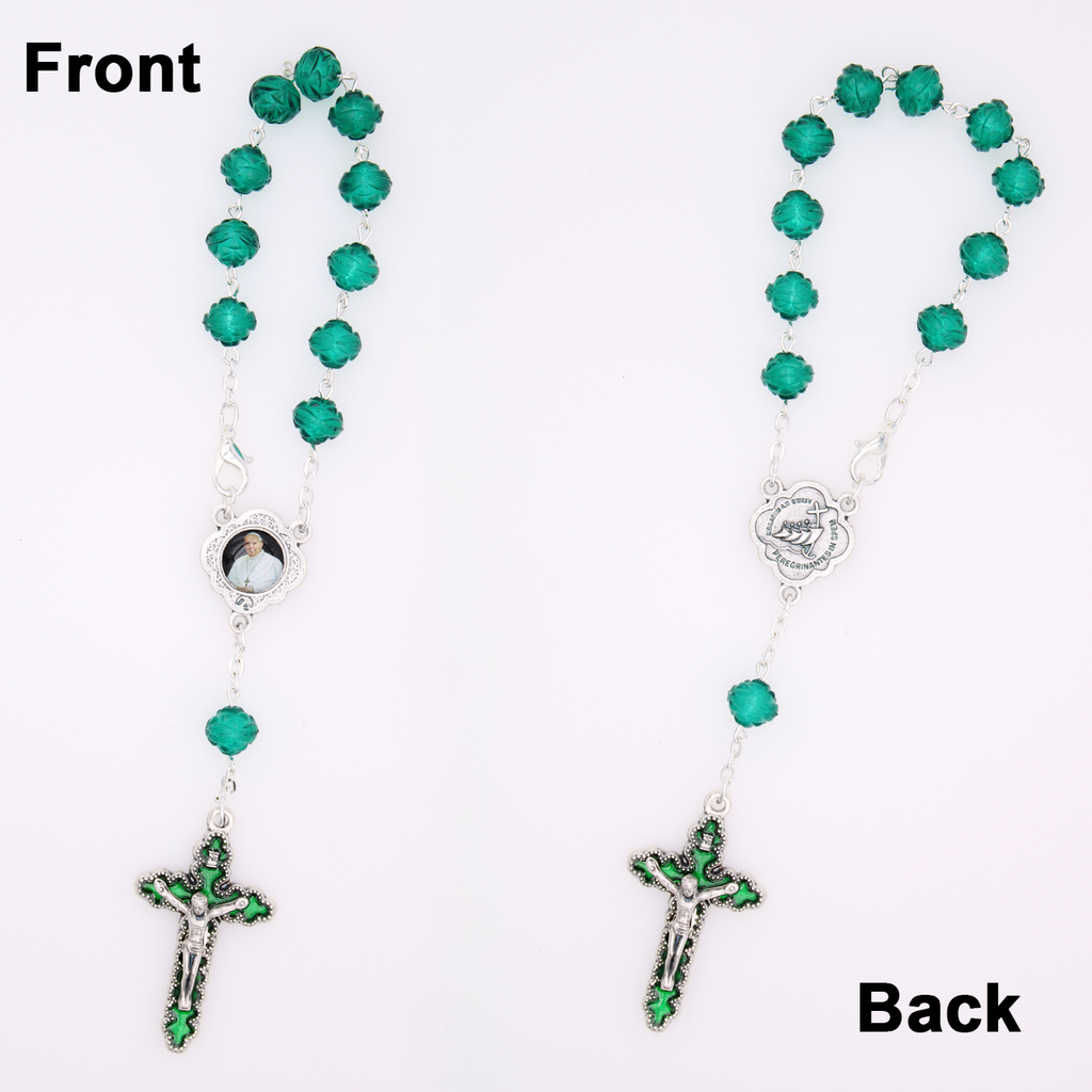 8mm Rose Shaped Emerald Bead Decade Rosary with Enameled Crucifix