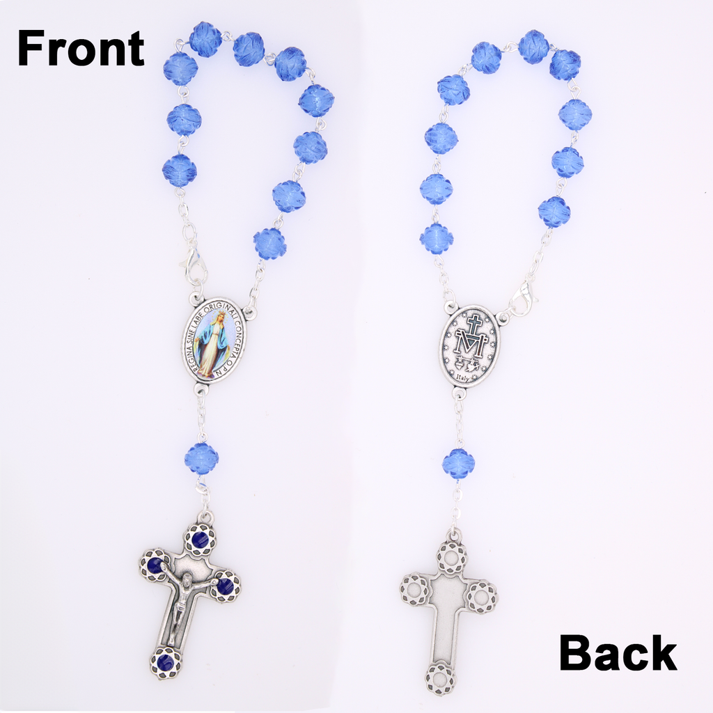 8mm Rose Shaped Sapphire Blue Bead Decade Rosary with Full Color Center and Matching Crucifix