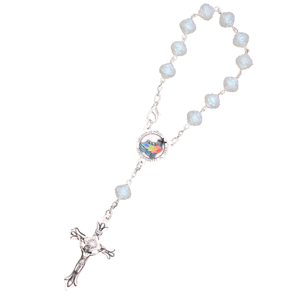 8mm Rose Shaped Frosted Cream Bead Decade Rosary with Jubilee Center