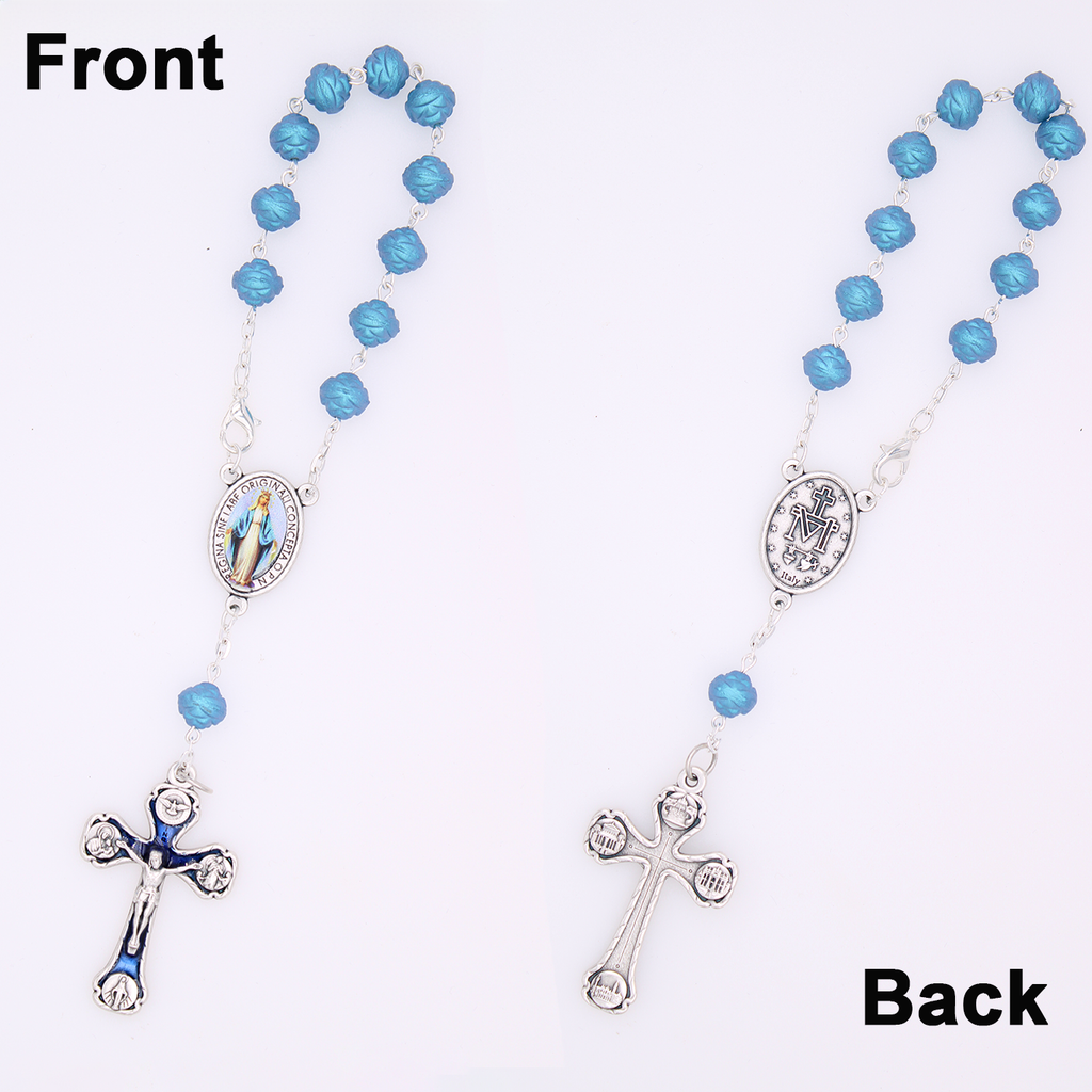 8mm Rose Shaped Teal Bead Decade Rosary with Miraculous Center and Enameled Crucifix
